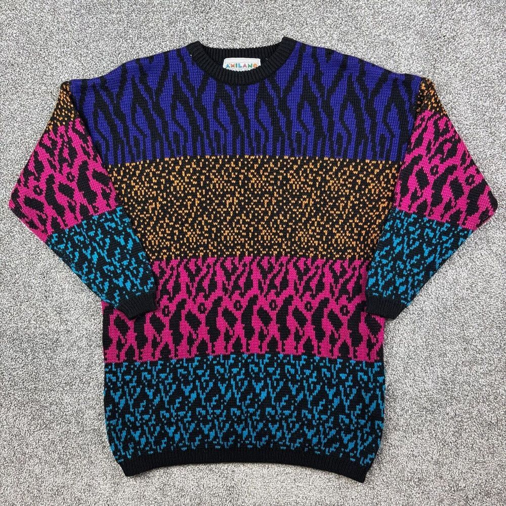 Vintage A'Milano Sweater Mens Medium Knit Striped Pattern Geometric‎ Acrylic